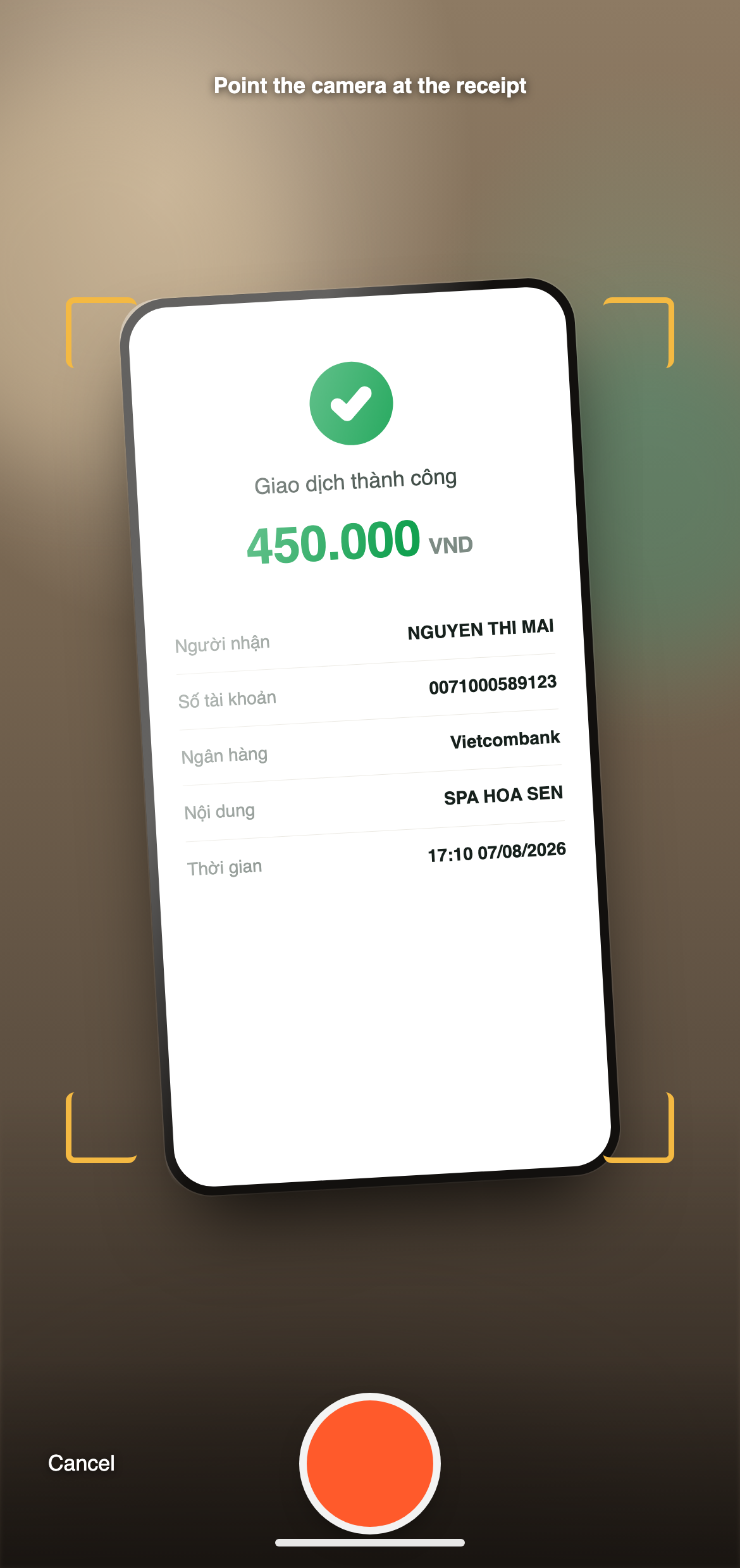 The app camera pointed at a transfer receipt