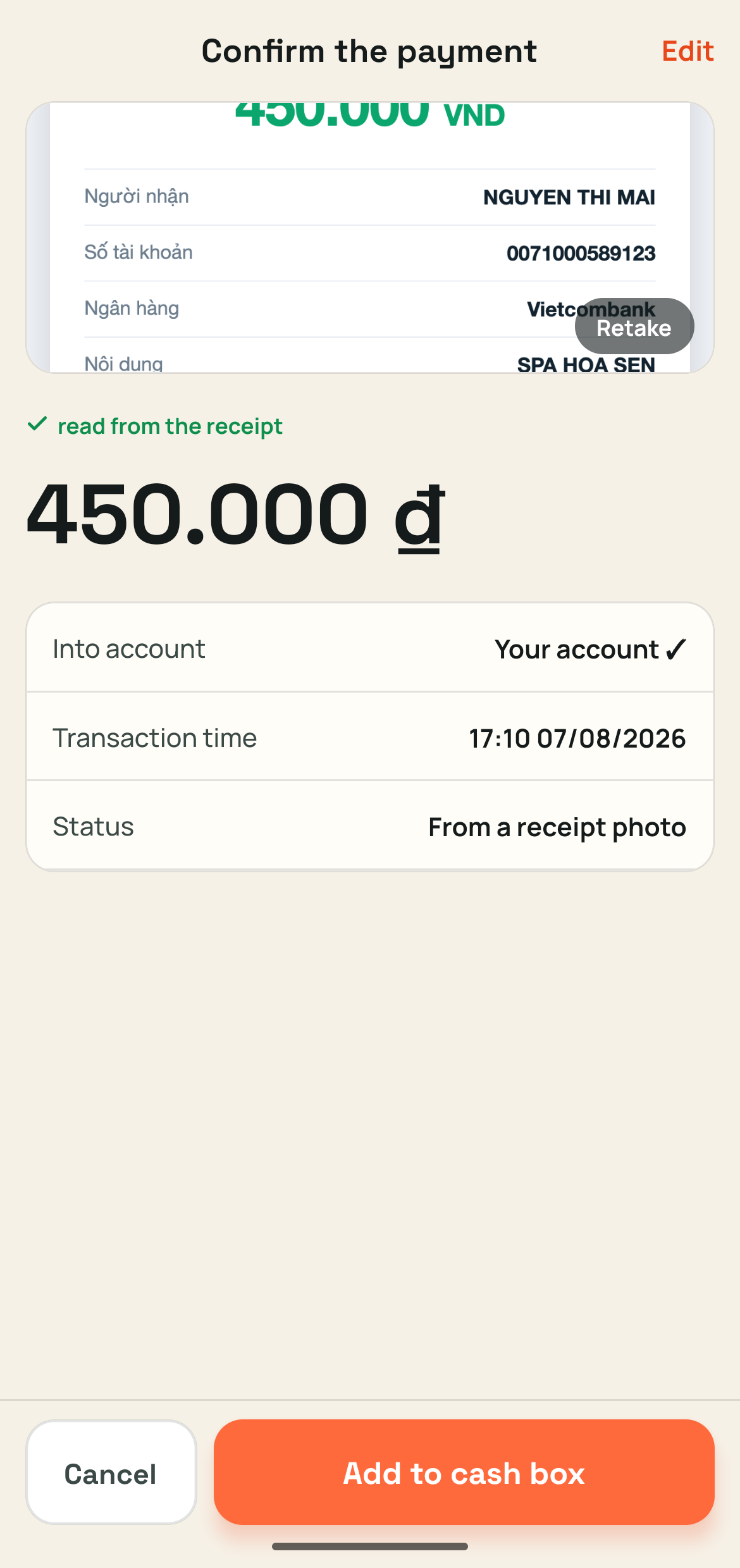 The app has read the receipt: 450,000 ₫, 17:10, into your account