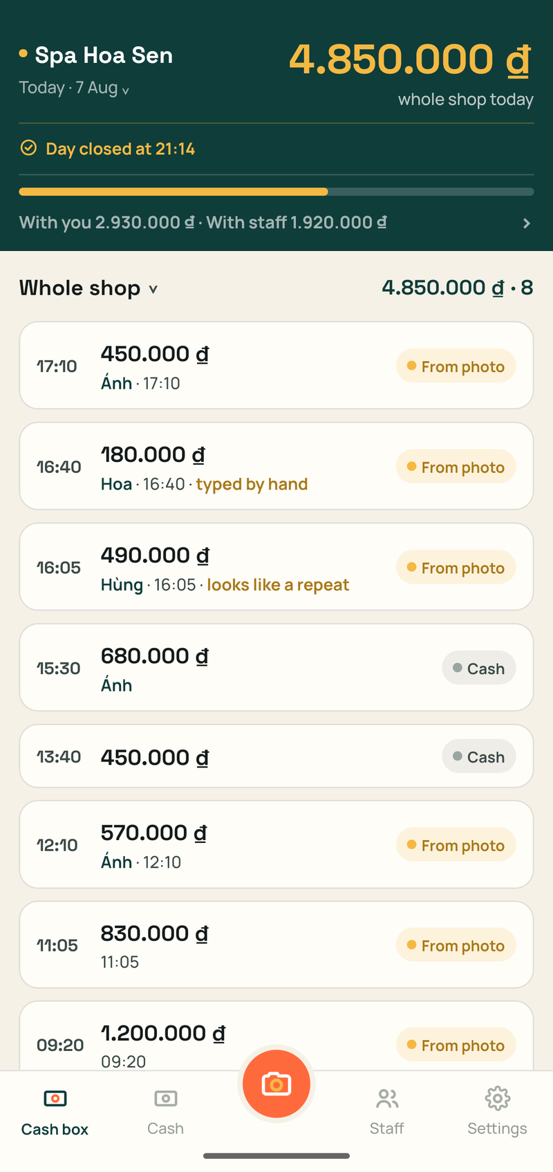 Day closed at 21:14, 4,850,000 ₫ received