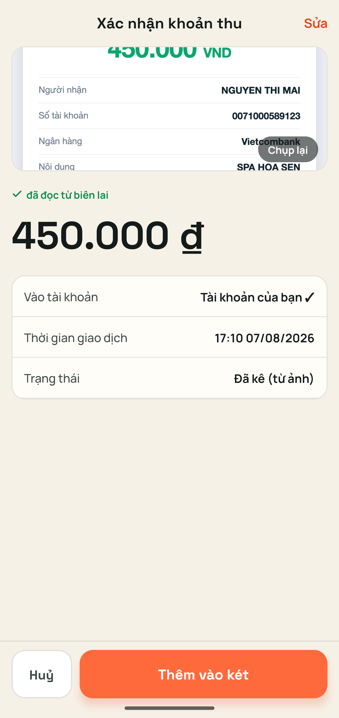 Ứng dụng đã đọc biên lai: 450.000 ₫, 17:10, vào tài khoản của bạn