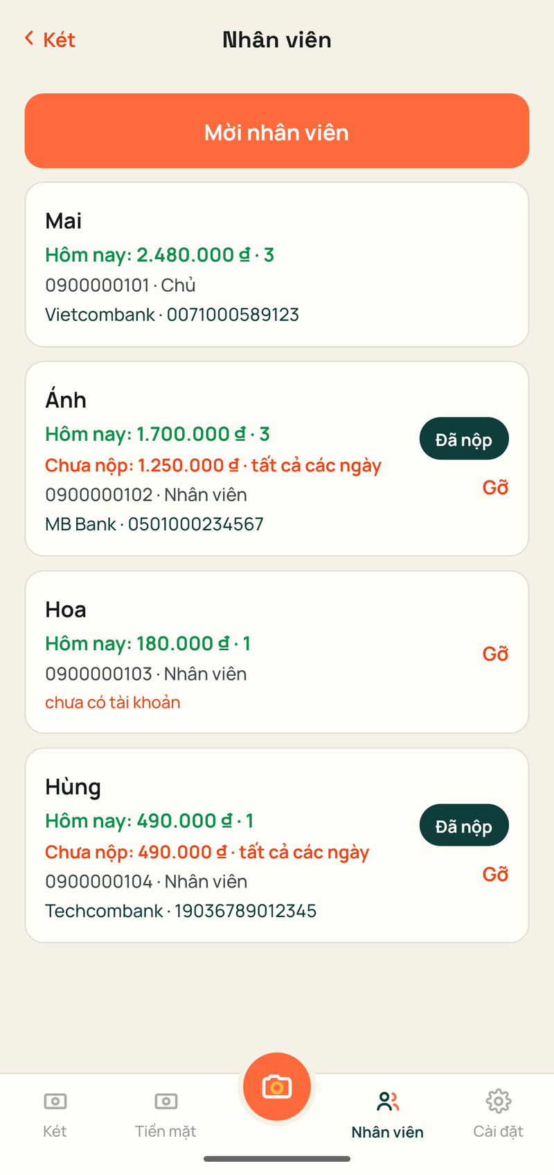 Danh sách nhân viên: Ánh chưa nộp 1.250.000 ₫, Hùng chưa nộp 490.000 ₫, nút «Đã nộp»