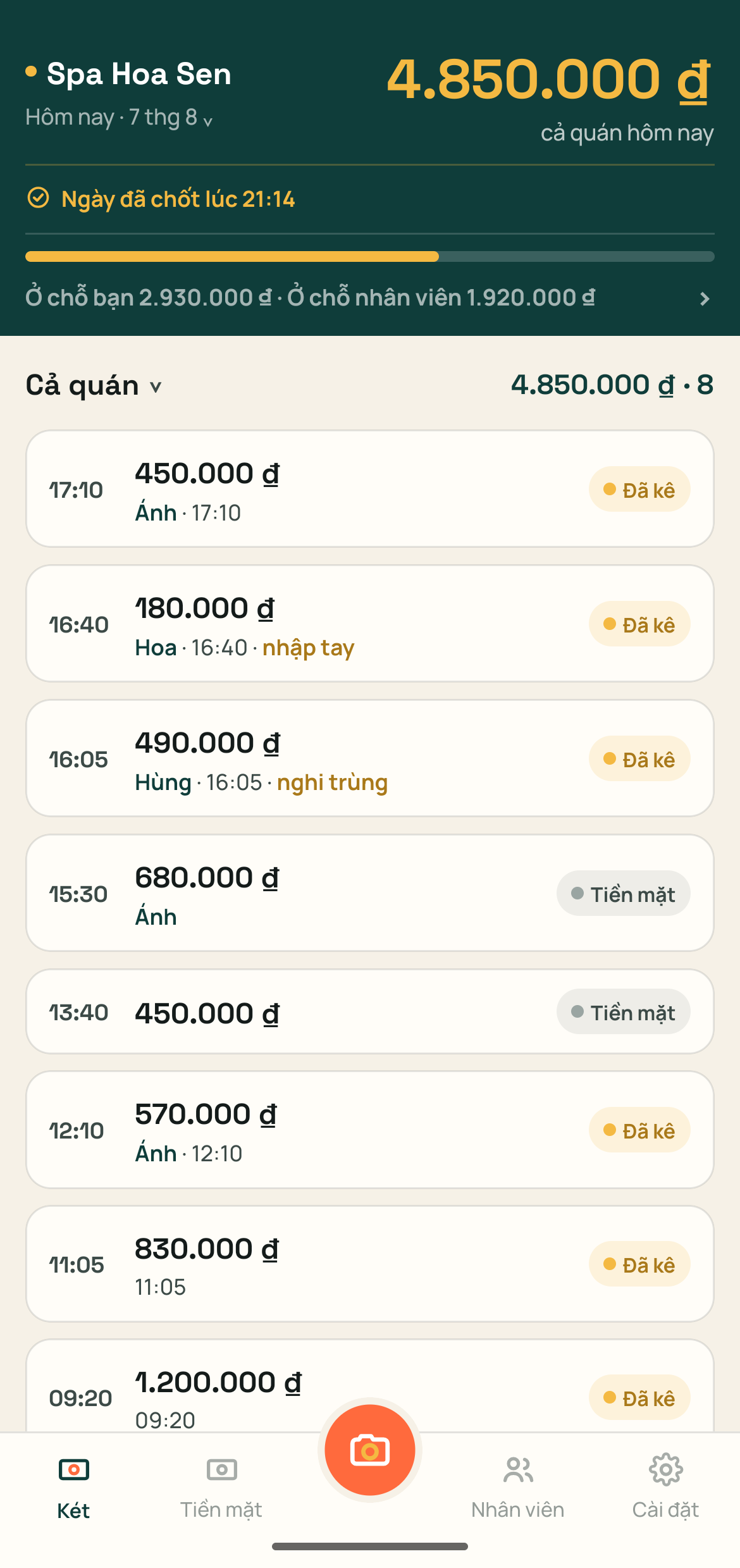 Ngày đã chốt lúc 21:14, tổng thu 4.850.000 ₫